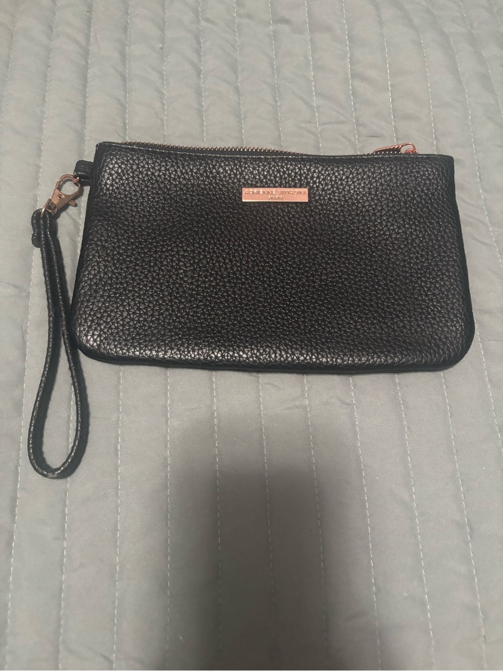 Adrienne Vittadini Black Pebbled Leather Wristlet with Rose Gold Hardware